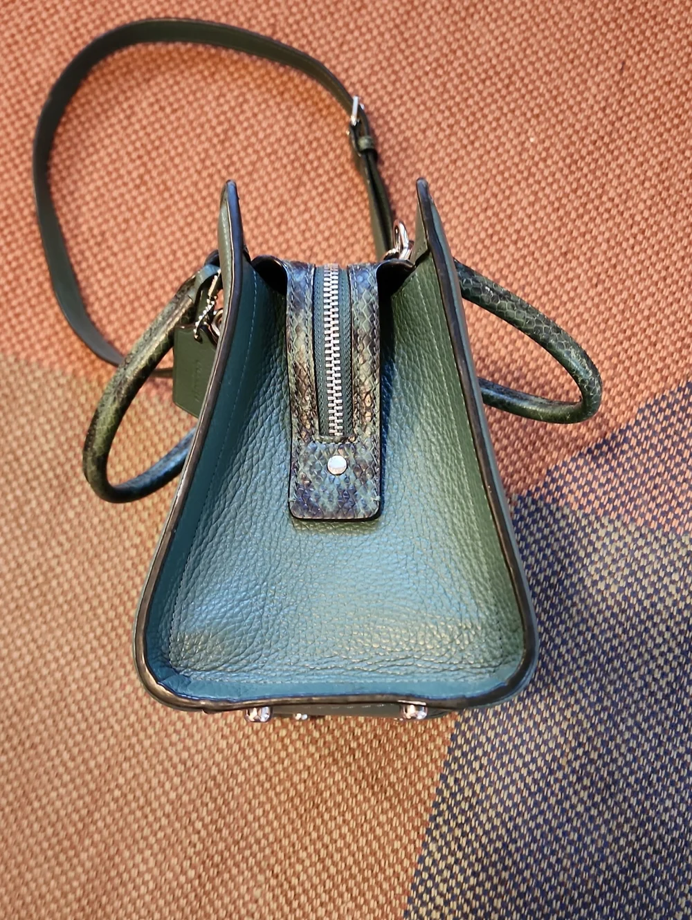 Coach Zoe Carryall 91026 Forest Green Pebble Leather Snake Embossed Satchel